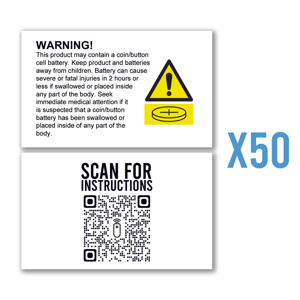 50 x Battery Warning Compliance Cards-Remote Pro