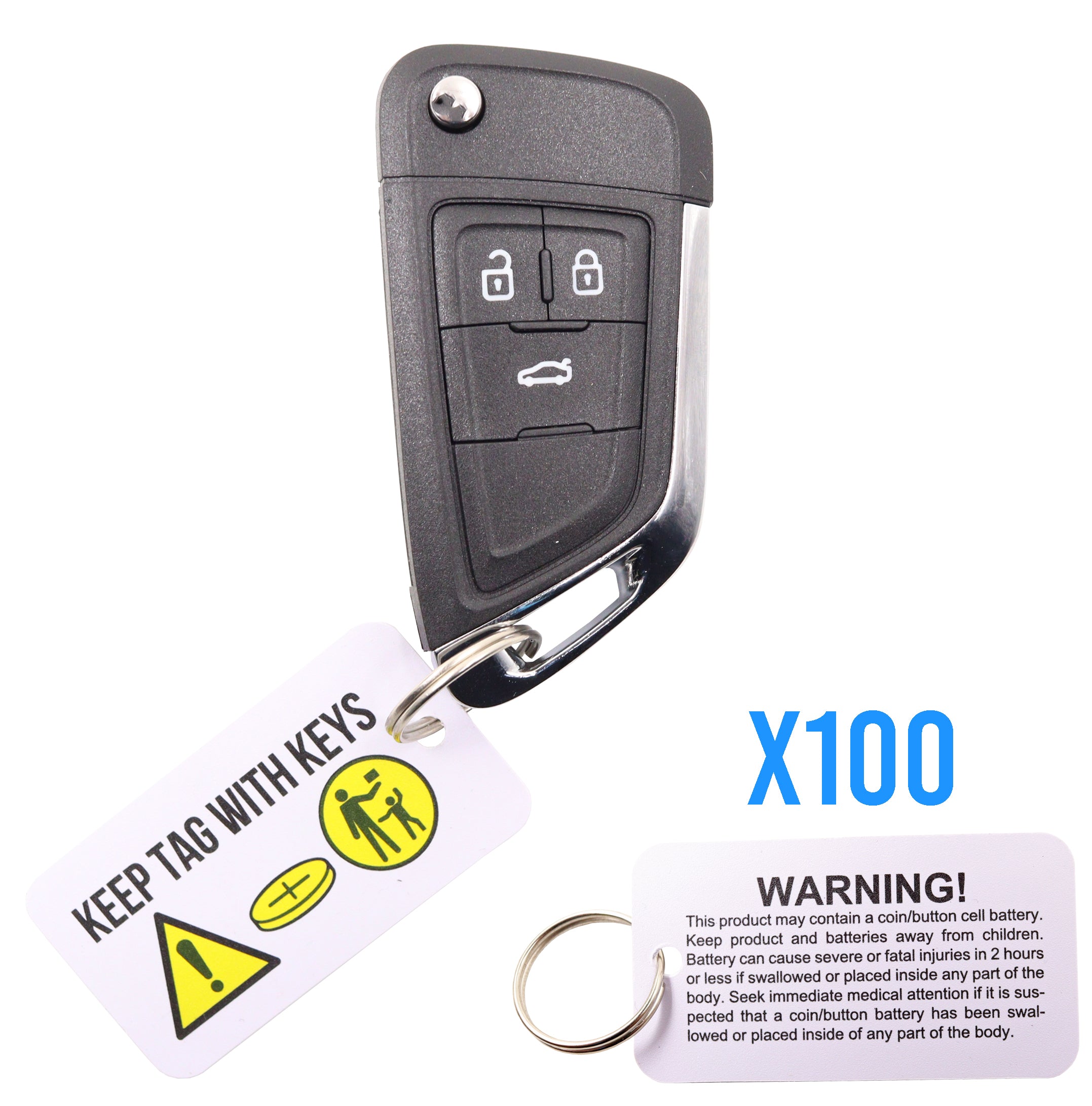 100 x Battery Warning Car Key Ring Tags-Remote Pro